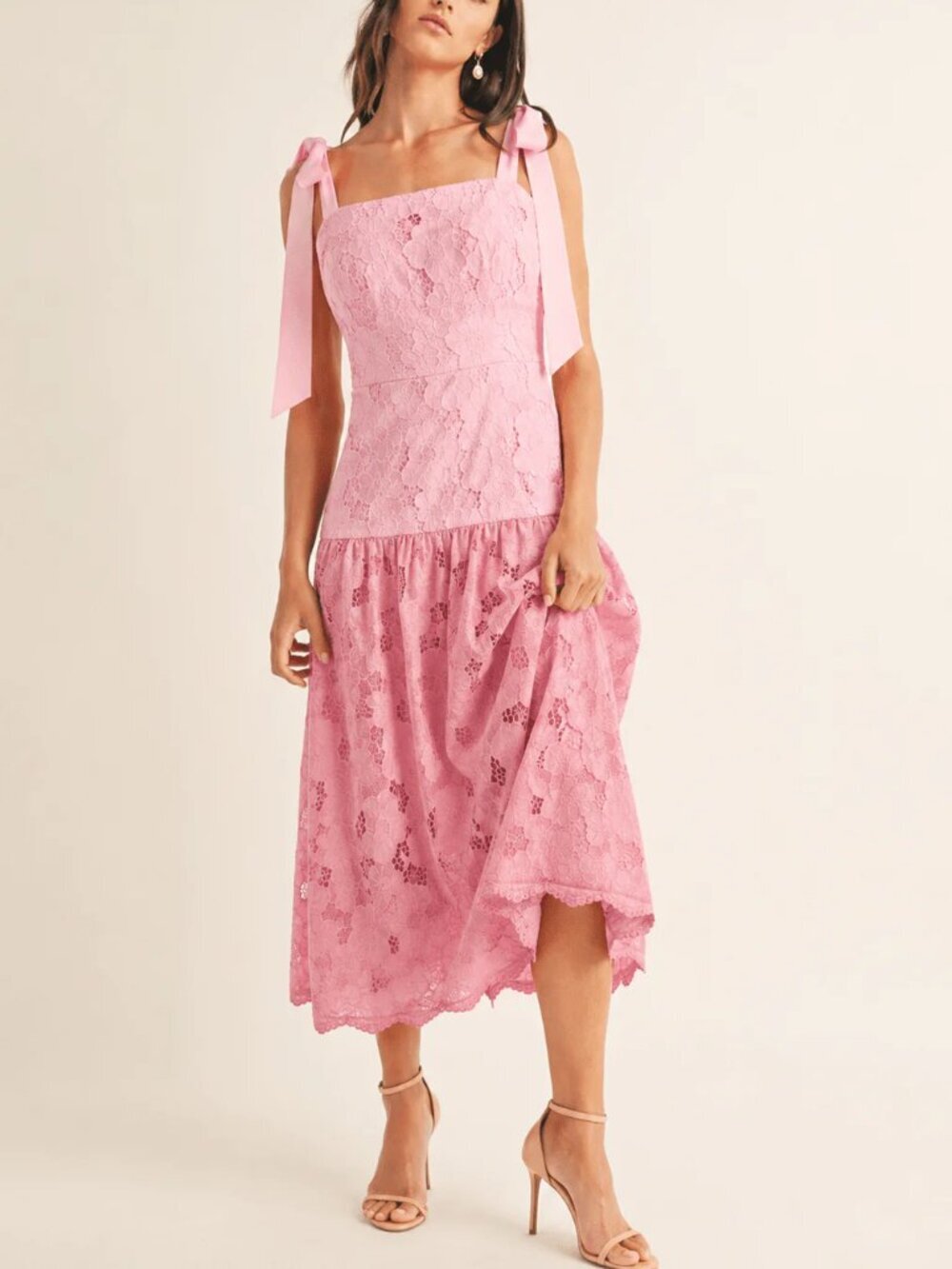 Just Me Women's Sleeveless Square Neck Crochet Pink Blush Midi Dress Drop Waist
